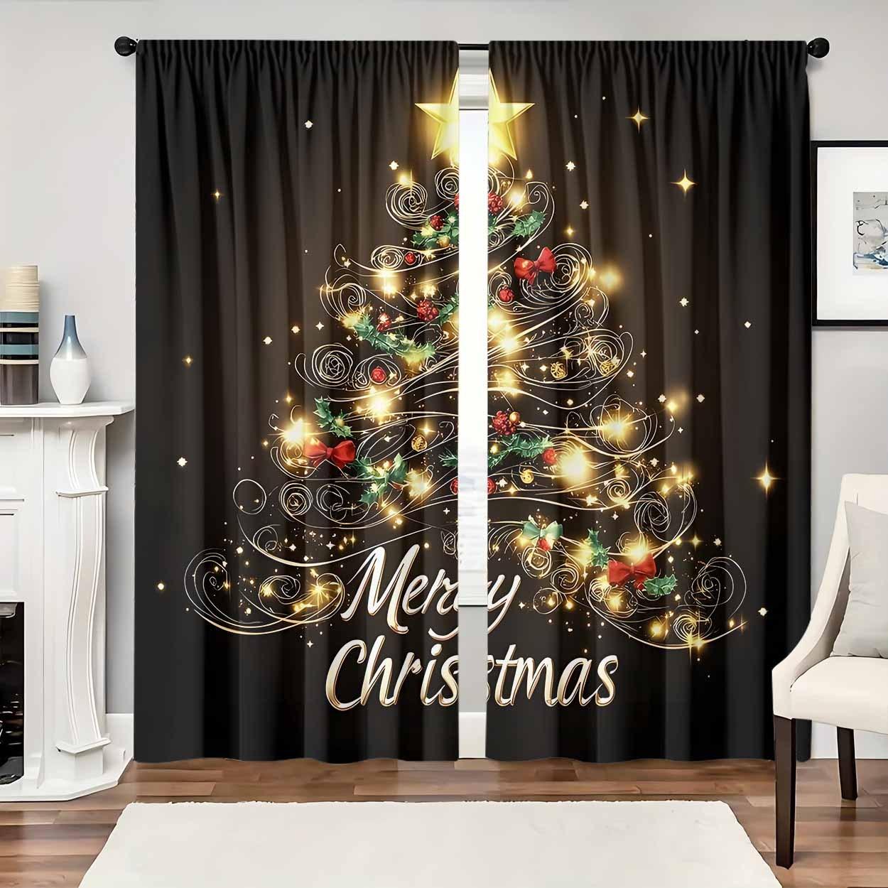 

Christmas Tree Curtains Merry Print Light Filtering Fade Resistant Home Decor Blocking Set Of 2 Made Polyester With Rod Pocket Machine Washable W100*H70(CM)-Grommet top&1PCS