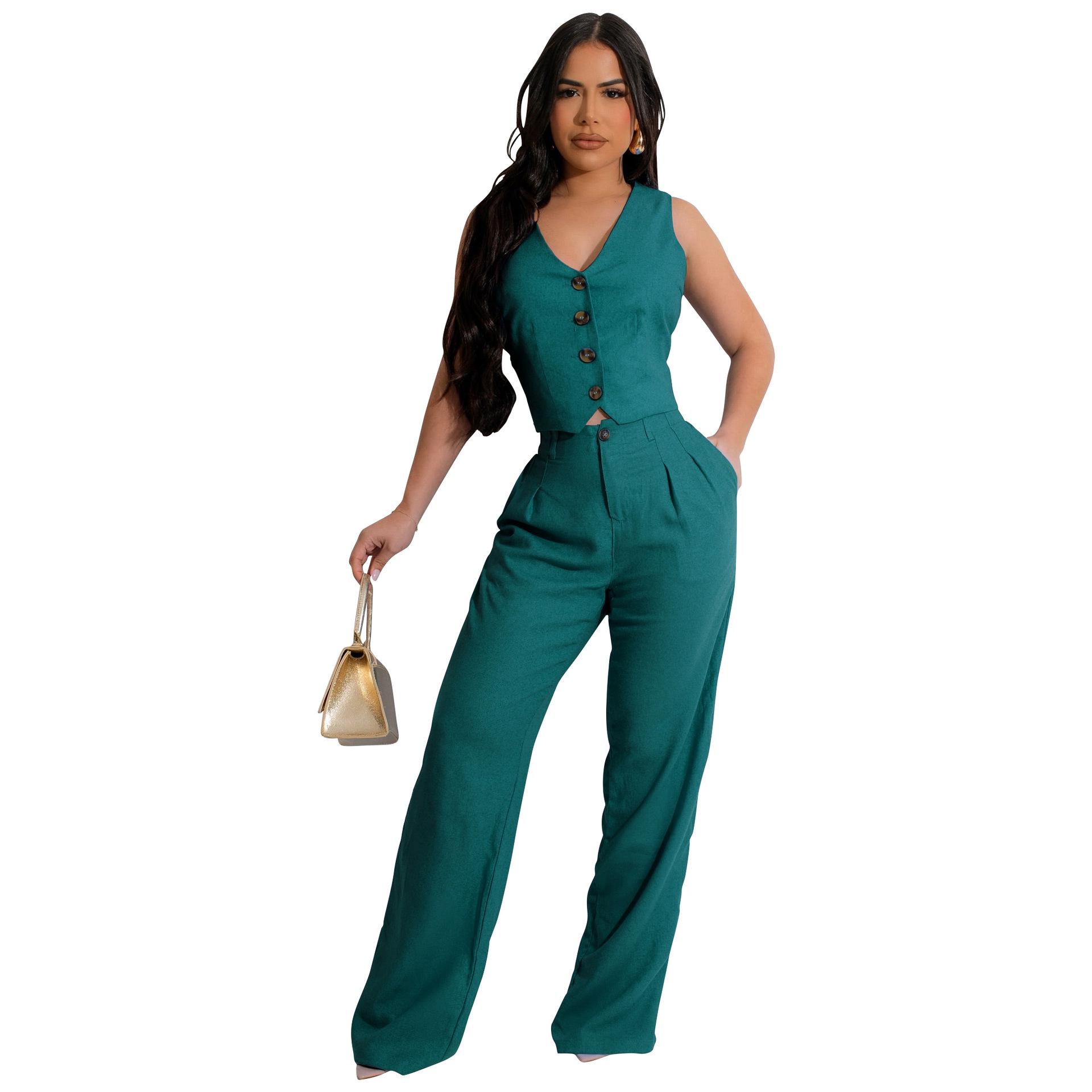 

European and American Women s Linen Two-Piece Vest & Gilet Set for Office Commute - Summer Collection L темно-зеленого