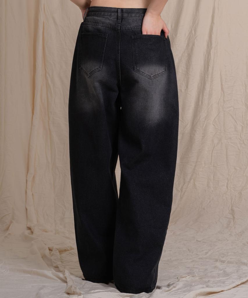 Ellamo 56_4 Women'S Side Pintuck Washed Wide Denim Pants (Basic/Long)_Dark Denim