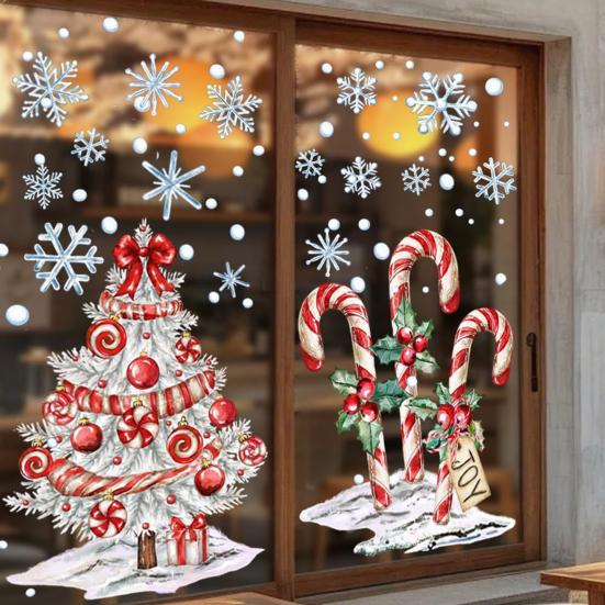 2 Sheets Christmas Tree Window Cling Removable Waterproof Xmas Candy Cane Static Glass Sticker Home Office Room Holiday Party Decoration Decal