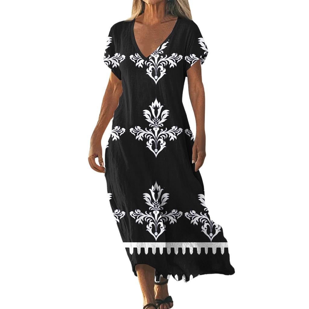 Summer Dress Women's Long Boho Beach Dress Elegant Maxi Dress V-Neck Short Sleeve Summer Tunic Dress Light Airy
