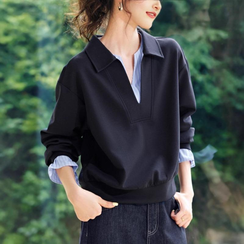 Fake Two Piece Patchwork Stripe Long Sleeve Casual Commuter Women Sweatshirt