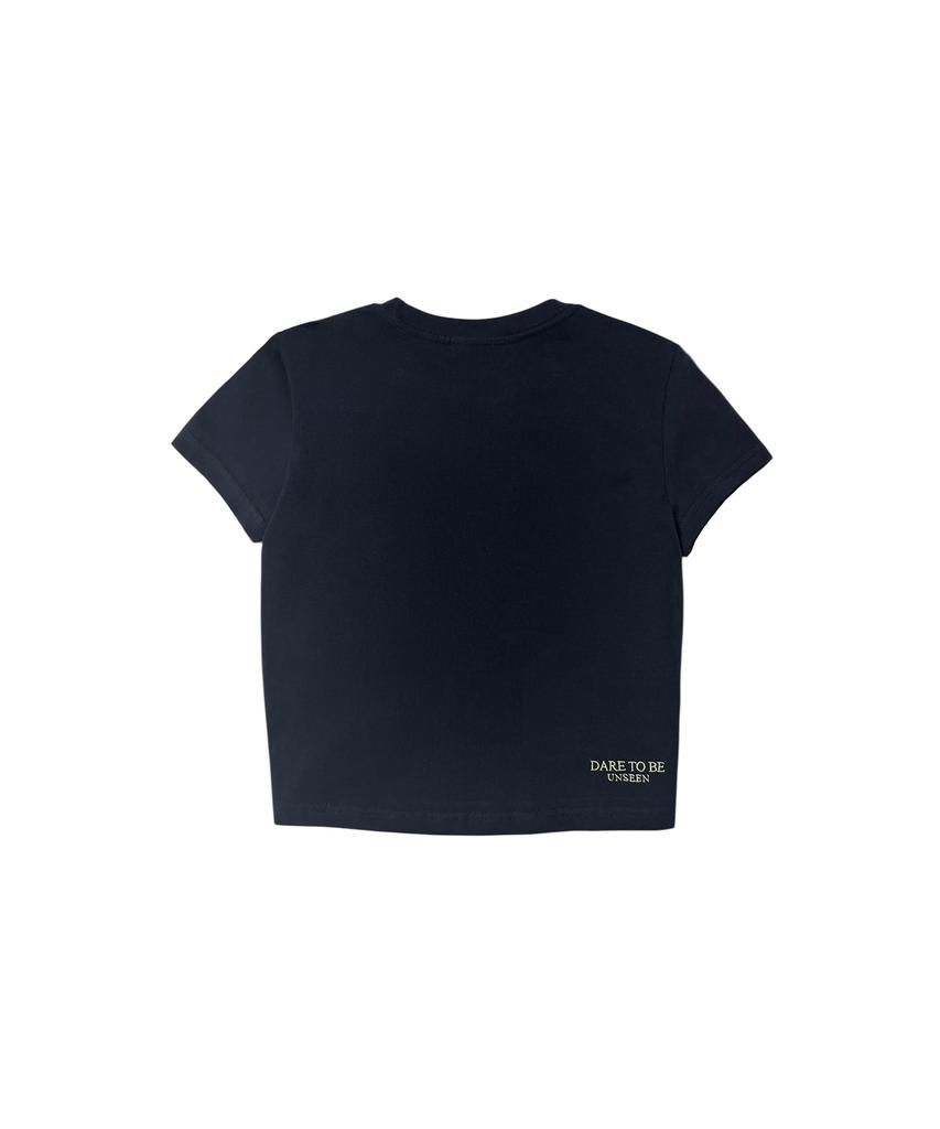Yuseuteule Waist Embroidered Short Sleeve T-Shirt (Navy)