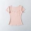 Pocket Square Neck Short Sleeve T-Shirt Women's Summer New American Spice Girl Solid Color Fungus Edge Slim Bottom Top
