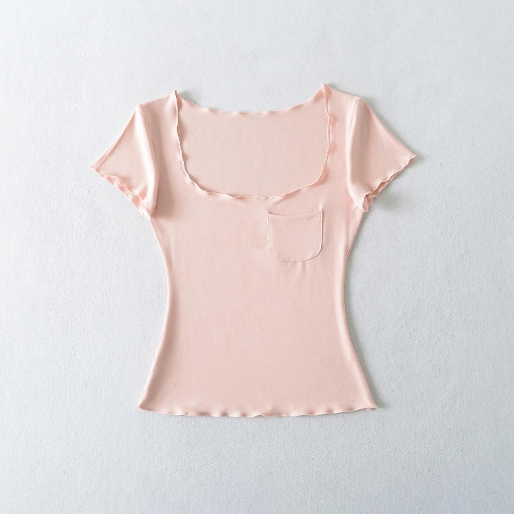 Pocket Square Neck Short Sleeve T-Shirt Women's Summer New American Spice Girl Solid Color Fungus Edge Slim Bottom Top