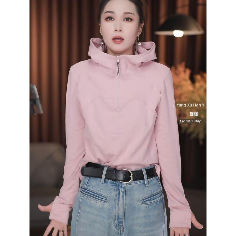 

Европейские товары Высокий класс Худи с капюшоном на половину молнии Женское 2025 Весна Новинка Высокоэластичный хлопок Свободный Универсальный Пуловер Топ Мода Pink L(115-130)