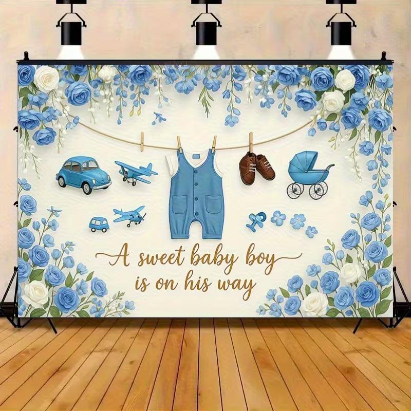 2D Blue Floral Baby Background for Cake Table and Photoshoot