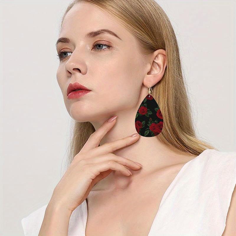 2D Flat Lightweight PU Leather Printed Teardrop Earrings, Blue-Purple Gradient Marble Pattern & Black Rose Design, Women's Fashion Pendant Earrings