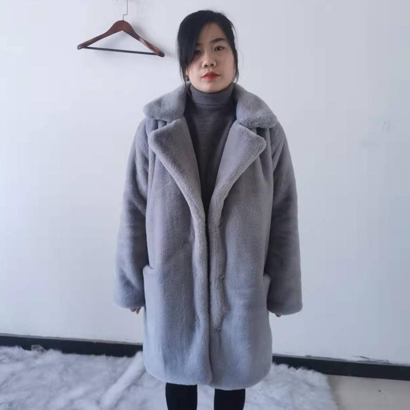Chaqueta de piel sintética de otoño e invierno para mujer, abrigo con cuello de traje grueso, abrigo de manga larga de Color sólido
