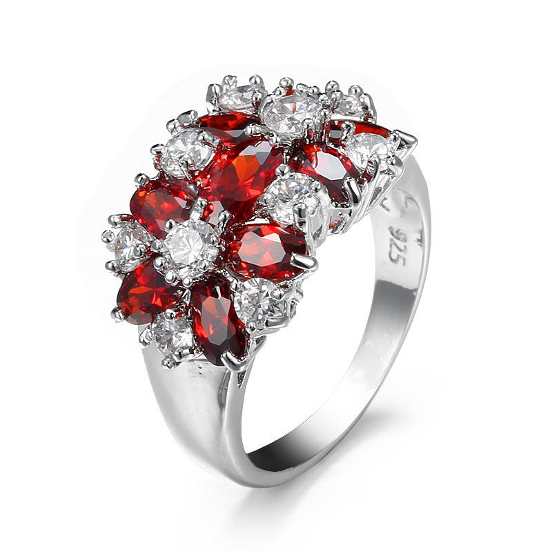 Dragon's Intention Luxurious Ruby Red Floral Zircon Ring: European & American Style