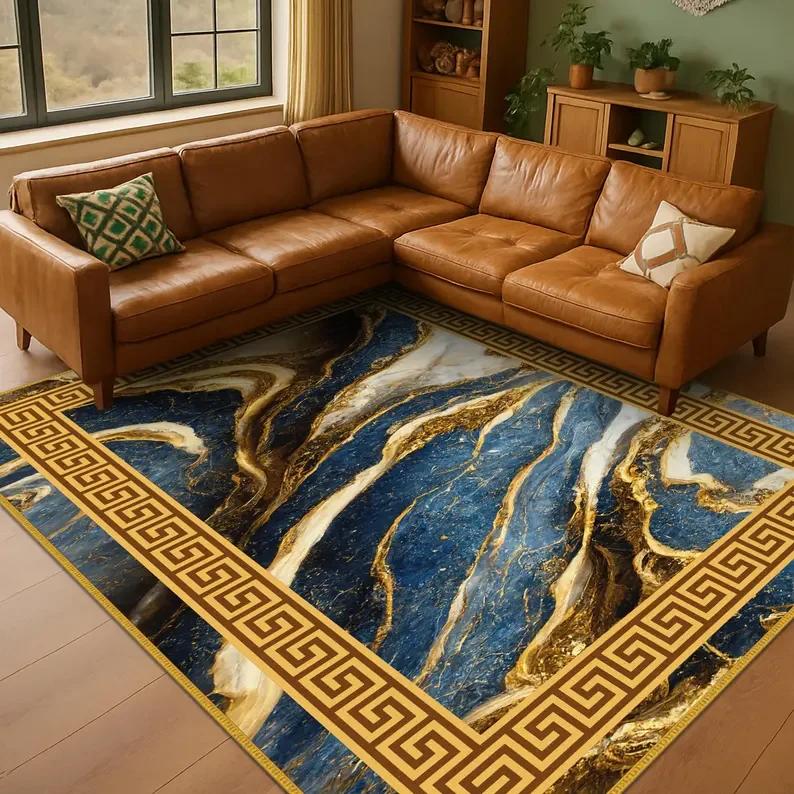 Black Marble Design Area Rug with Gold Accents Modern Carpet for Living Room Elegant Floor Mat Stylish Home Rug Gold Framed Rug