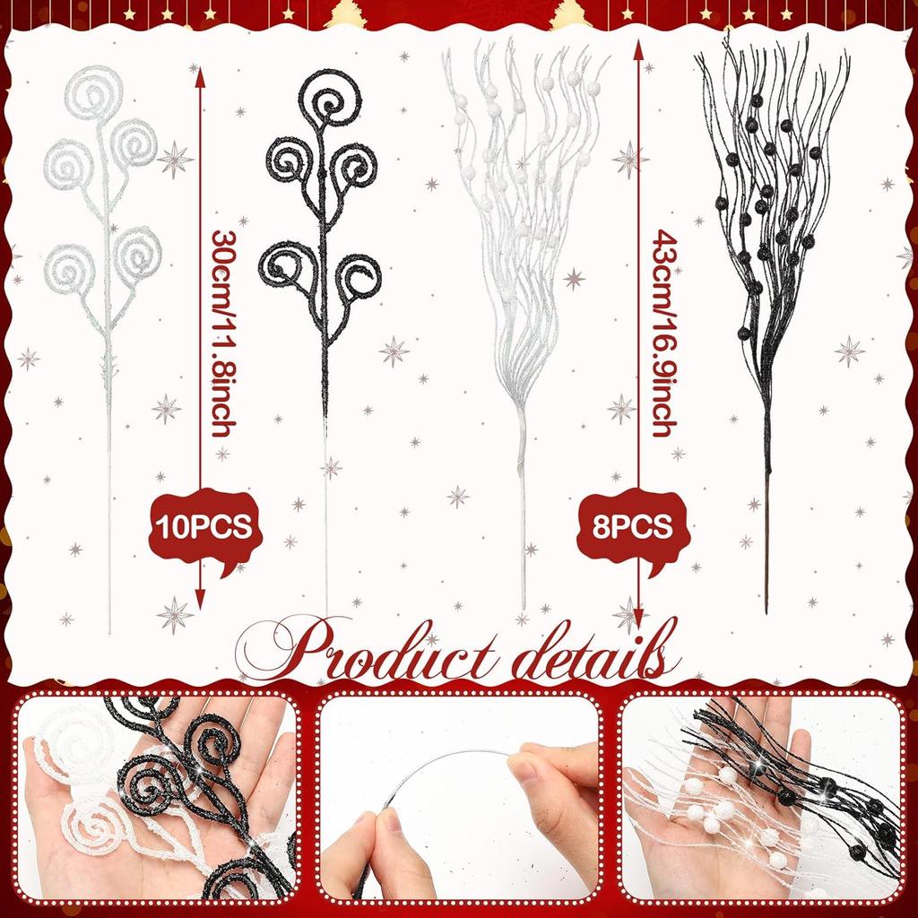 36 Pcs Black White Christmas Tree Picks, 17'' & 12'' Glitter Berry Branches for Wreath, Vase, Home Decor