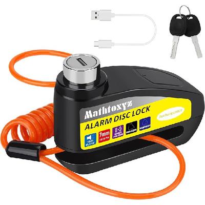 Candado de motocicleta recargable, alarma de 120 dB, candados de freno de disco, candado de disco de rueda de seguridad antirrobo, resistente al agua con cable recordatorio de 5 pies y bolsa de transporte para