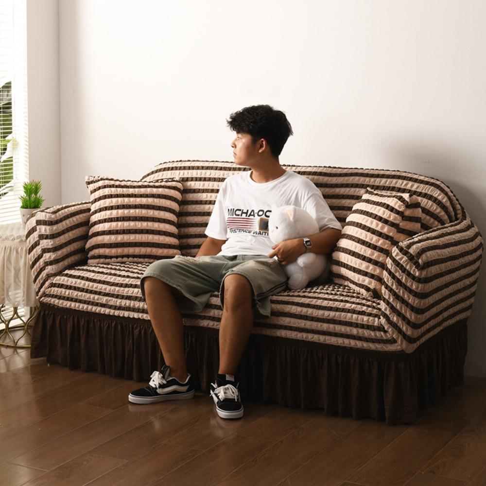 Thick Elastic Bubble Gauze Sofa Cover with Lace Full Wrap Slip Proof for Chaise Lounge Sectional Sofa