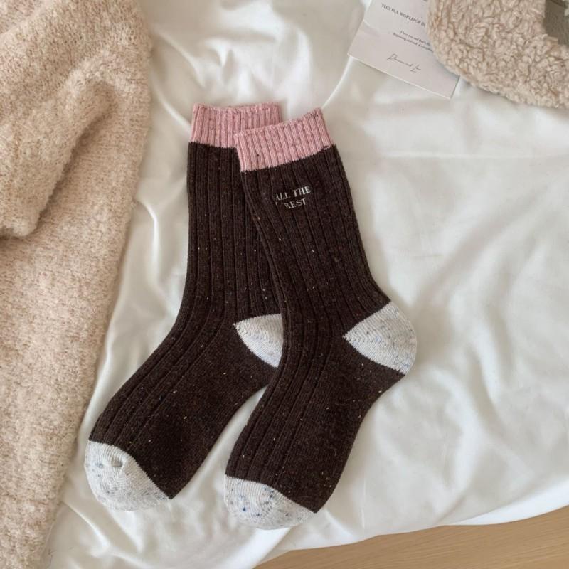 Korean Style Colorblock Thick Wool Blend Socks Women Warm Seamless Mid-Calf Crew Winter