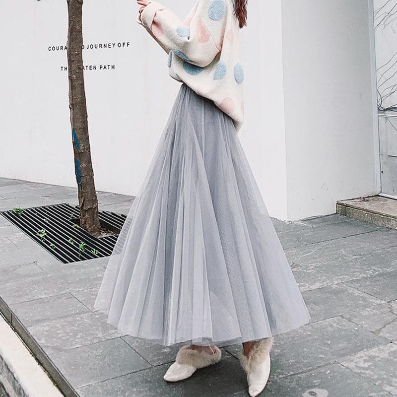 3 слоя пряжи + внутренняя подкладка Юбка до локтя Женская юбка из сетчатого газа Юбка большого размера Юбка средней длины из сетчатого газа Юбка большого размера из дышащей сетчатой пряжи One Size серый