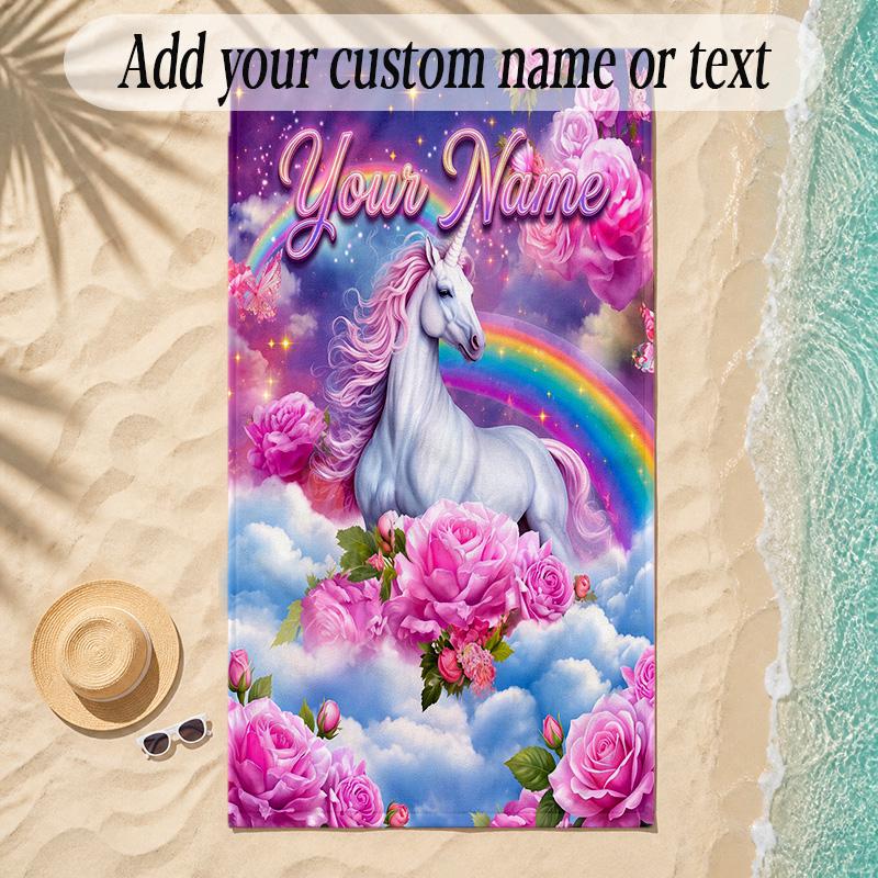Unicorn Theme Soft Beach Towel Personalized Custom Name Text Towel Portable for Beach Pool Travel