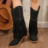 New Fashion Versatile Retro Women'S Boots Tassel Mid-Calf Boots Thick Heel Cowboy Boots Women'S Pointed Toe Knight Shoes