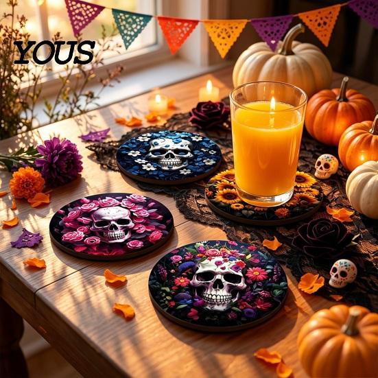 Halloween Wooden Coasters 4Pcs Coasters, Spooky Ghost Skull Design Drink 2D Heat-Resistant Practical Holiday Housewarming Gifts Round Mats for Coffee