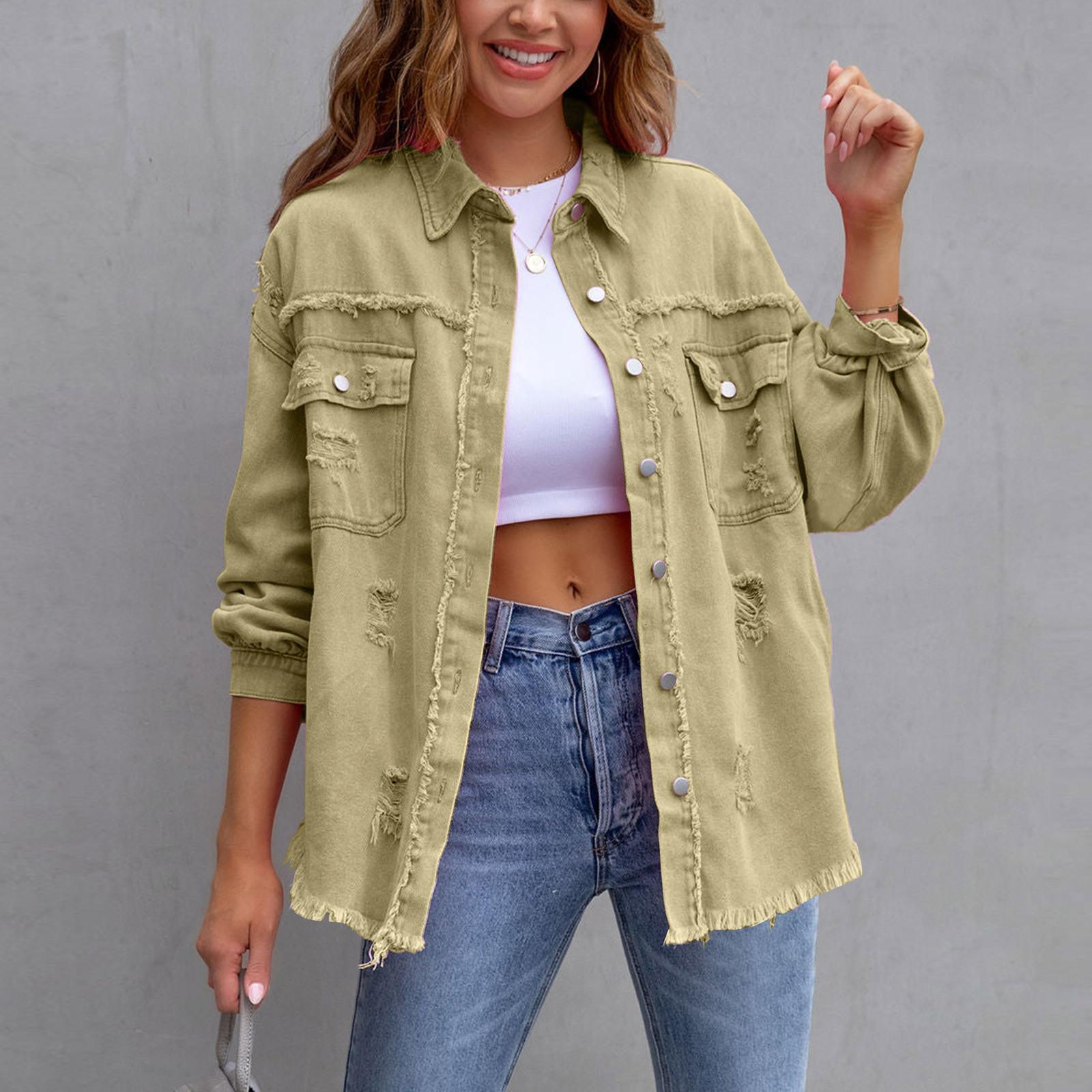 

Женская джинсовая куртка, рубашки на пуговицах, потертое пальто с карманами XXL хаки