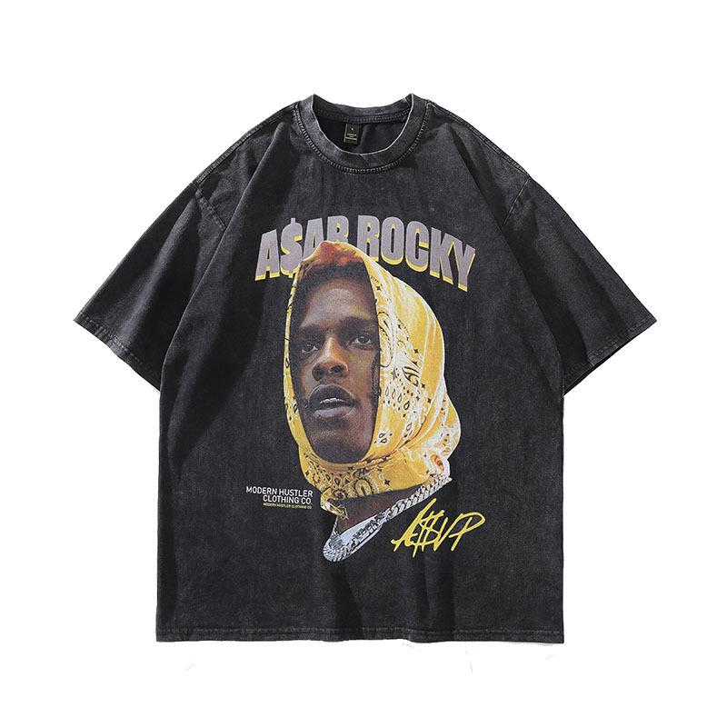 American Retro Hiphop Direct Injection Printing Heavy Vintage Washed Old Hip Hop Trendy Brand Short-Sleeved T-Shirt