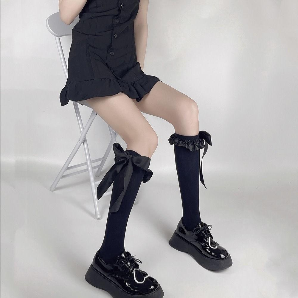 Lace Bow Over Knee Sweet Girl Pure Desire Wind Xiaohongshu Satin Lace Tall Socks Butterfly Ribbon
