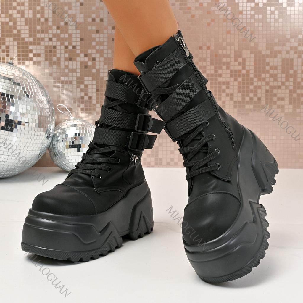 Fashion Punk Style Thick Bottom Women's Boots Belt Buckle Round Toe Height Increasing Lace-Up Fashion Women Shoes High Heels Short Botas