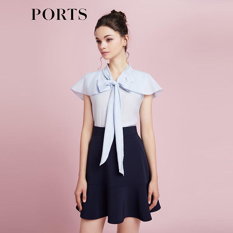 PORTS Women s Sky Blue Striped Tie-Neck Blouse S