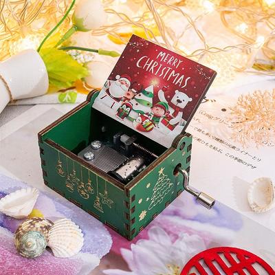 Wooden Hand-cranked Music Box Christmas Music Box Retro Engraving Exquisite Painted Glue