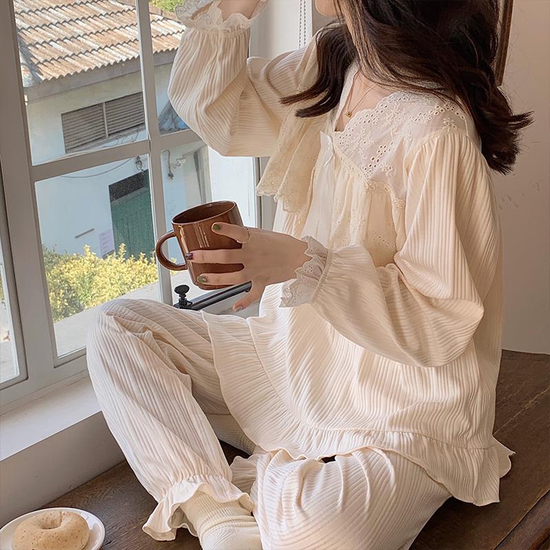 Korean Style Pure Cotton Pajamas Set Square Neck Long Sleeves Trousers Women Solid Color Kawaii Women's 2 Piece Pajamas Set Elegant