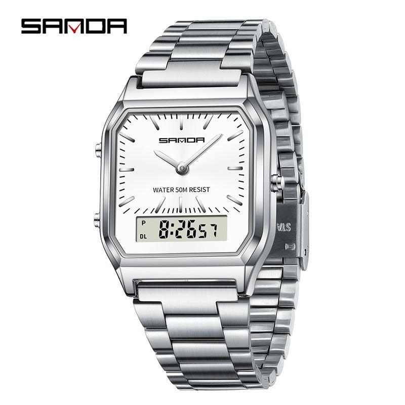 SANDA Neutral Dual Display Clock Waterproof Sports Quartz Watch Luxury Women's Stainless Steel Digital Electronic Watch