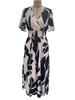 Summer Elegant Women Cross Neck Belt Floral Print Slit Maxi Dress Short Sleeve Mature Style French Retro Patchwork Slim Sexy Elegant Women Maxi Dress