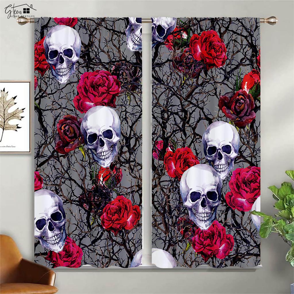 Blackout Insulation Curtains Floral Skull Print Curtains Suitable for Halloween Restaurant Living Room Party Decoration Curtains