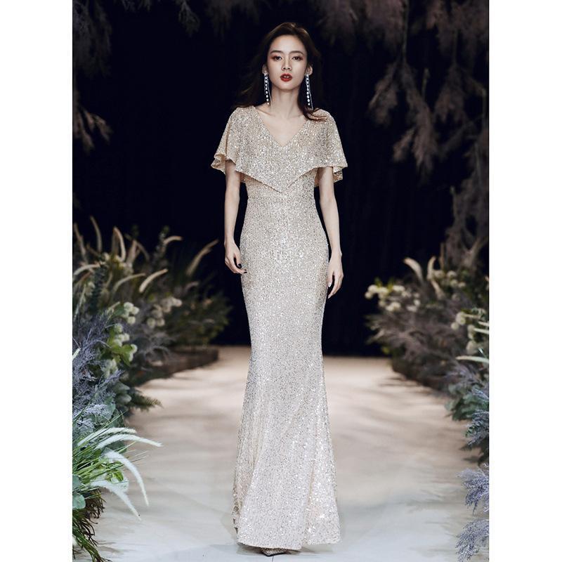 Champagne Banquet Evening Dress Sequins 1011 New Summer Temperament Long Fishtail Dress Annual Meeting Hosting Dress