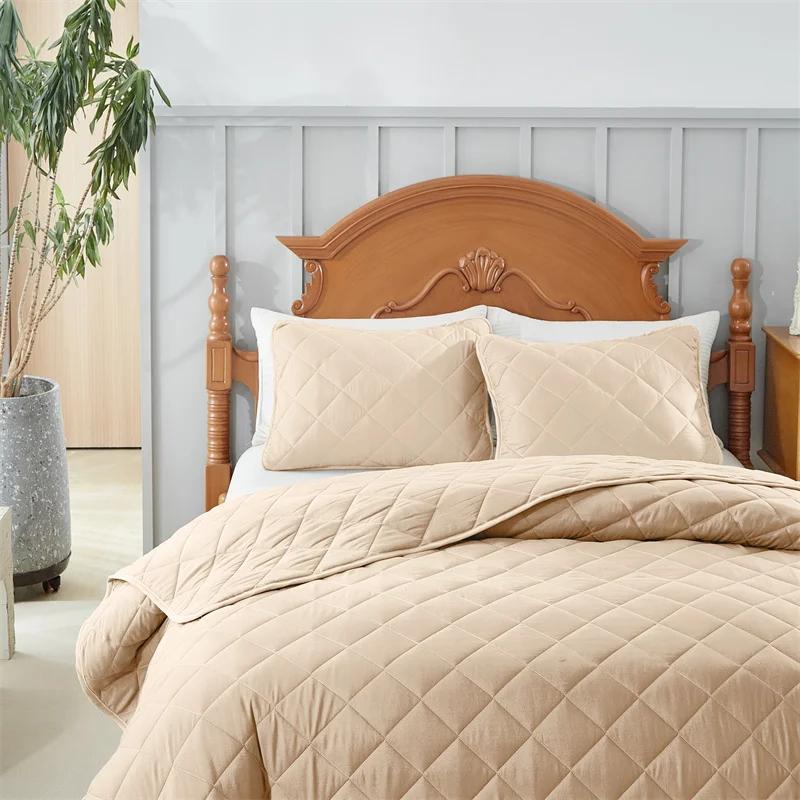 Solid color plaid quilted double-sided abraded washable bed cover oblique square bed cover can be used in all seasons