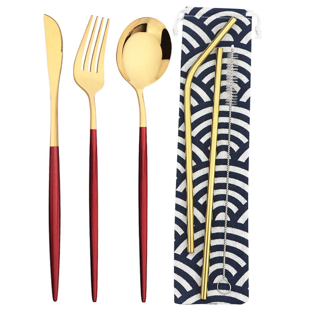 6Pcs Travel Camping Cutlery Set Travel Flatware Set Knife Fork Spoon Straw With Portable Bag Stainless Steel Tableware Set