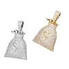 Hip Hop, Full Diamond Money Bag Personalized Dollar $Symbol Pendant Copper Inlaid Zircon Twist Chain Necklace Personalized Accessories