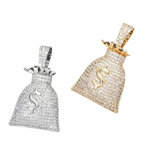 Hip Hop, Full Diamond Money Bag Personalized Dollar $Symbol Pendant Copper Inlaid Zircon Twist Chain Necklace Personalized Accessories
