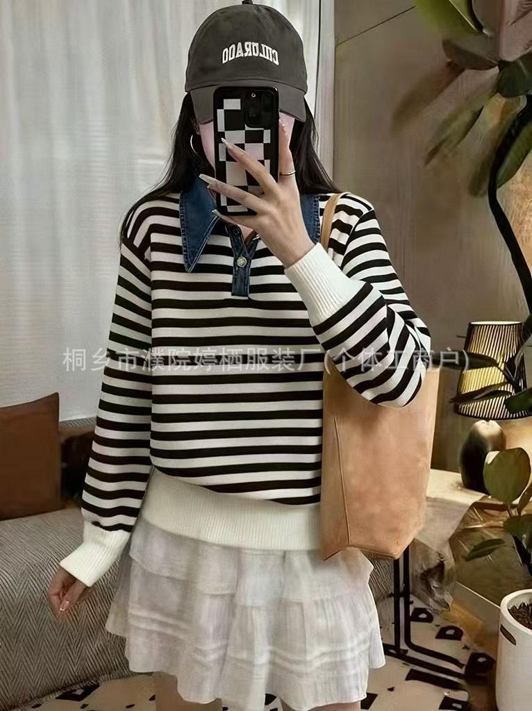 Loose POLO collar denim sleeves splicing fake two-piece sweater women's autumn and winter new knitted sweater fashion top trendy