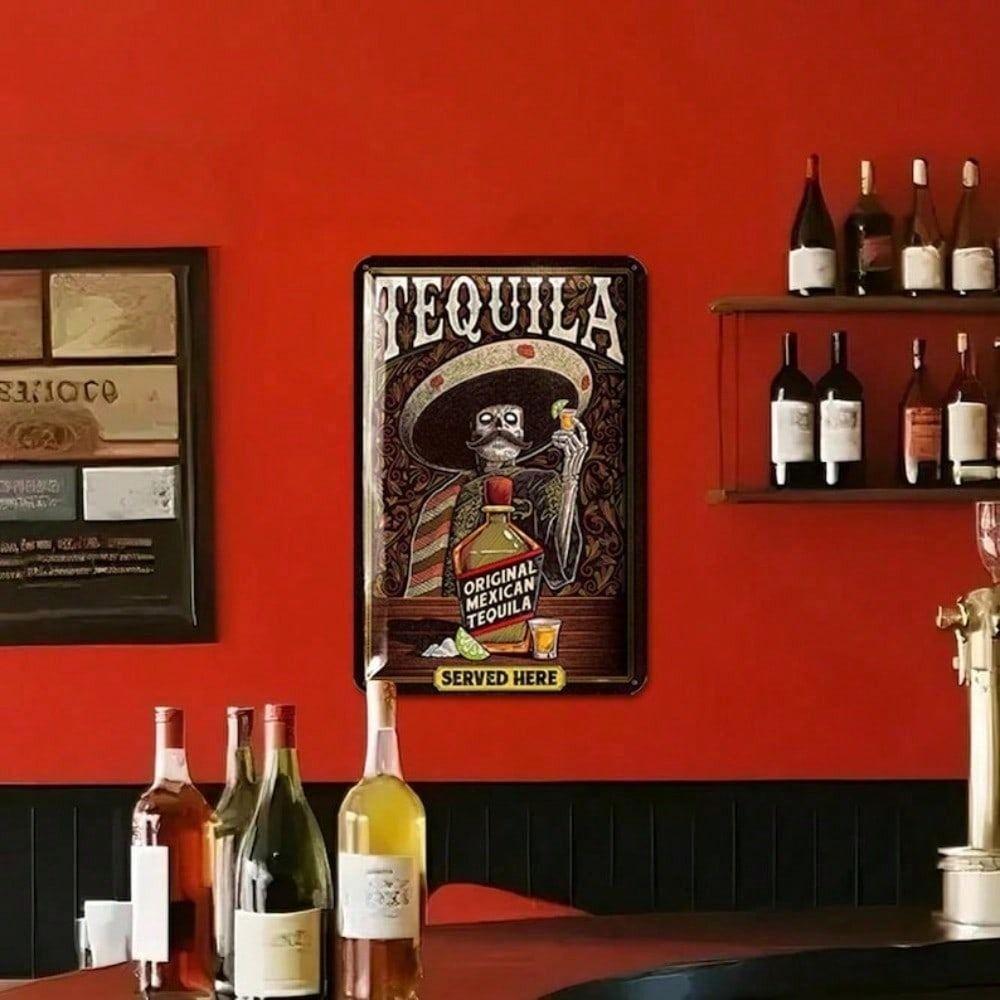 Metal Wall Art Vintage Mexican Skeleton Black Tequila Poster for Bar Garage Decor