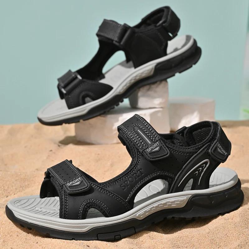 Mode Vintage Stil Herrsandaler Casual Lädersommarskor för Män Utomhussport Herr Strandskor Snabbtorkande Vattensport Aqua Skor