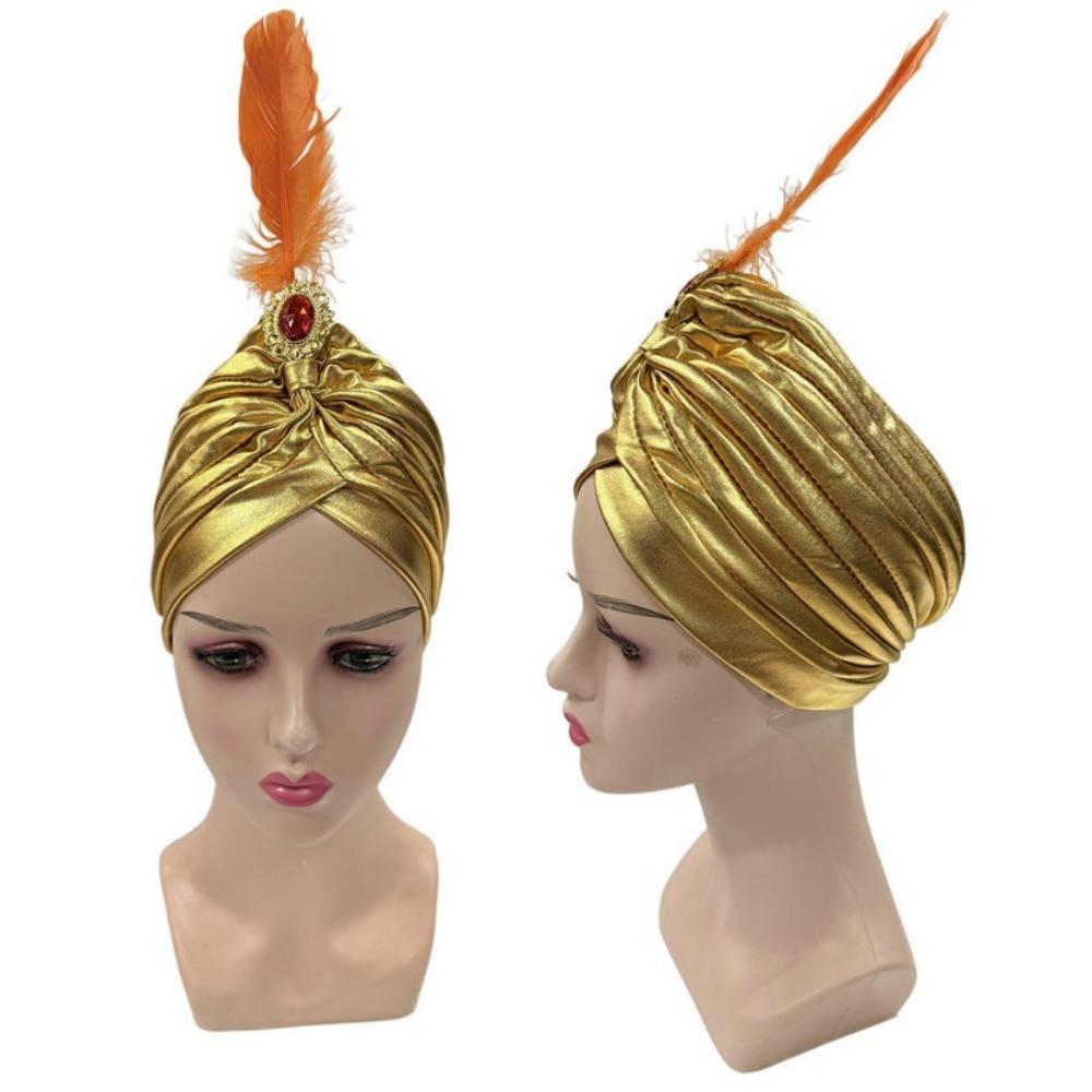 Rhinestones Feather Turban Hat Dress Up Indian Pleated Cap Arab Pleated Turban Costume Accessory