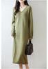 Women's V-Neck Pure Wool Knit Sweater Dress - Mid-Length, Loose Fit for Autumn & Winter