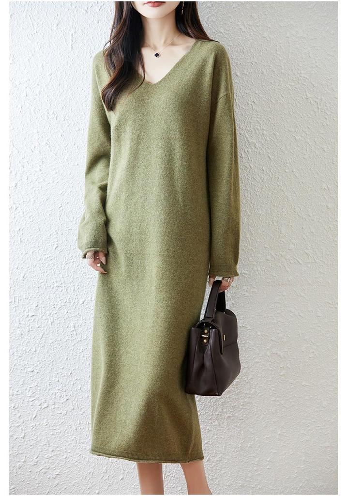 Women's V-Neck Pure Wool Knit Sweater Dress - Mid-Length, Loose Fit for Autumn & Winter