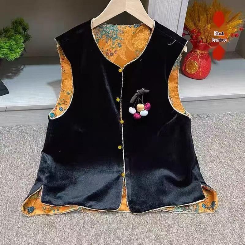 

Elegant Black Velvet Double-Sided Shawl Vest for Women - Spring & Autumn Chinese National Style M [Recommended 45-52.5 kg]