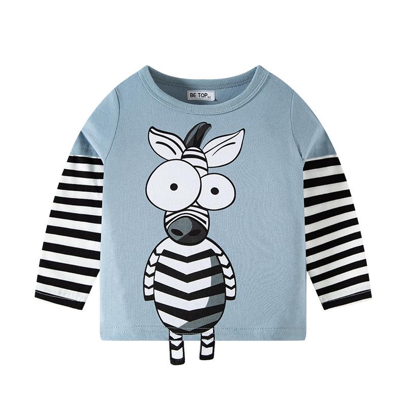 Spring & Autumn 2025 Kids' 3D Cartoon T-shirt with Striped Sleeves - 100% Cotton for Boys