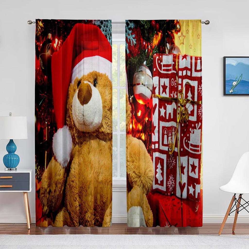 Christmas Scenery Santa Delivering Presents Sheer Voile Curtain Elk Window Tulle Curtains for Living Room Kitchen Bedroom Decor