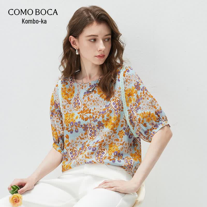 Komengboka Women s Silk Blend Floral Print Short Sleeve Top M