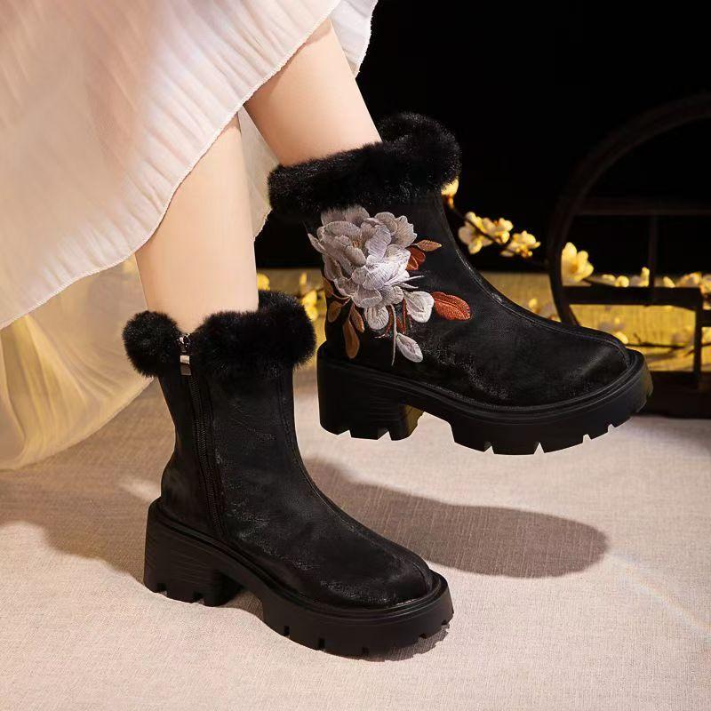 Women's Winter New Block Heel High Top Embroidered Cotton Boot Thick Sole Plush Warm Zippers Round Toe Ethnic Style Hanfu Shoes