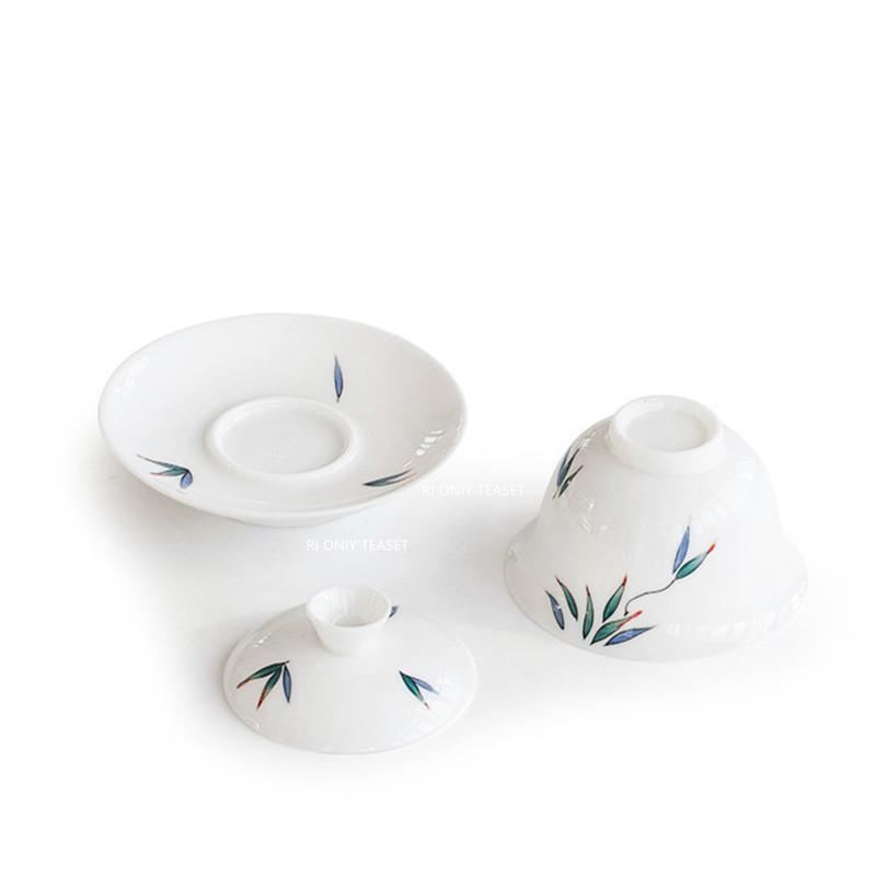 110ml Chinese White Porcelain Gaiwan Handmade Bamboo Leaf Pattern Ceramic Tea Tureen Travel Portable Tea Bowl Household Tea Set